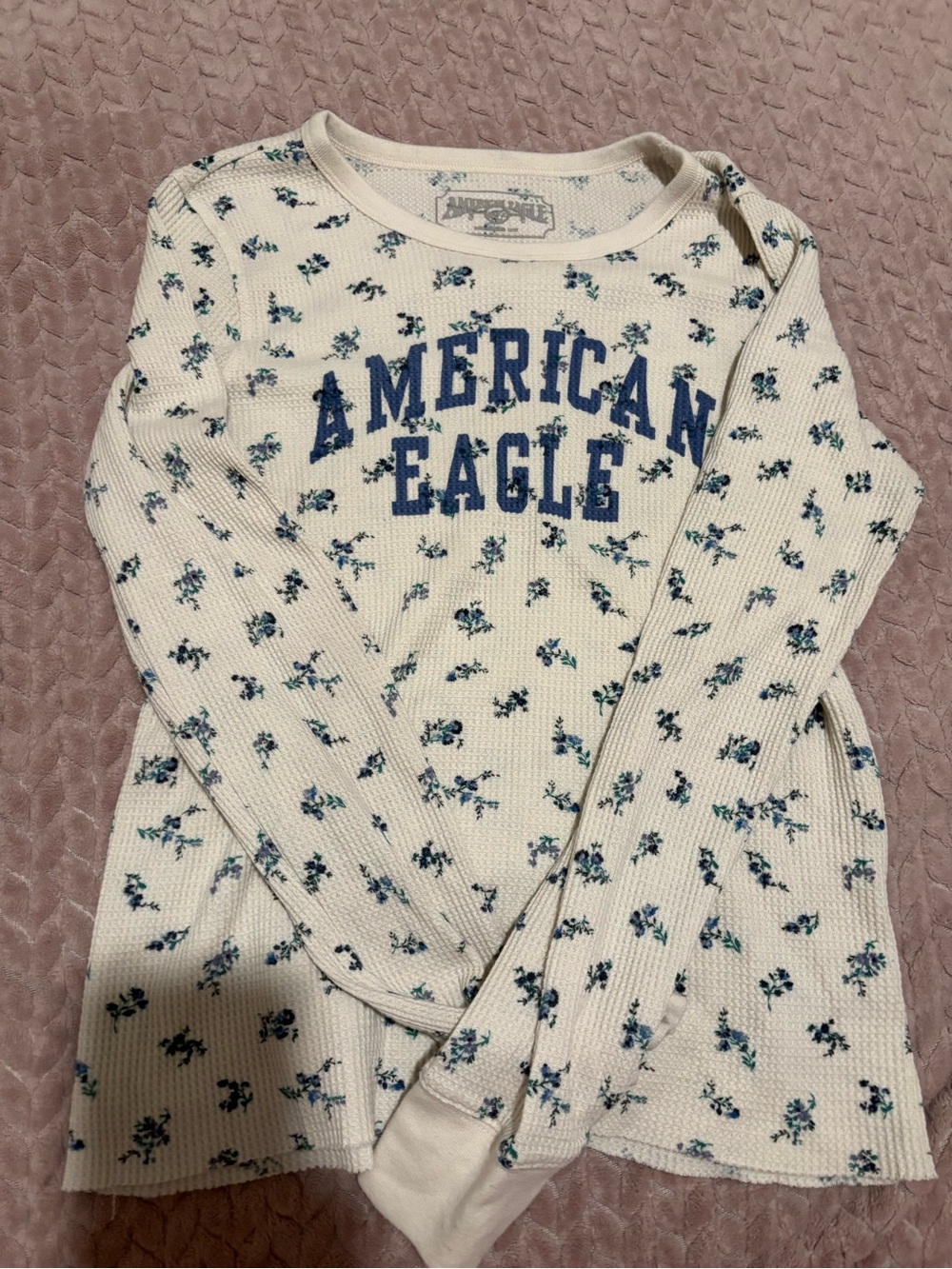 American Eagle Outfitters Cream Floral Long Sleeve Tee with Blue Lettering
